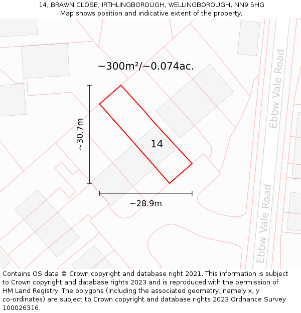 14, BRAWN CLOSE, IRTHLINGBOROUGH, WELLINGBOROUGH, NN9 5HG: Plot and title map