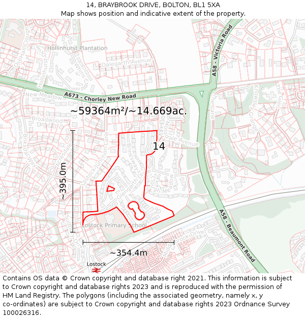 14, BRAYBROOK DRIVE, BOLTON, BL1 5XA: Plot and title map