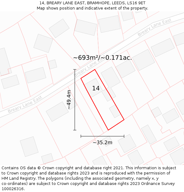 14, BREARY LANE EAST, BRAMHOPE, LEEDS, LS16 9ET: Plot and title map