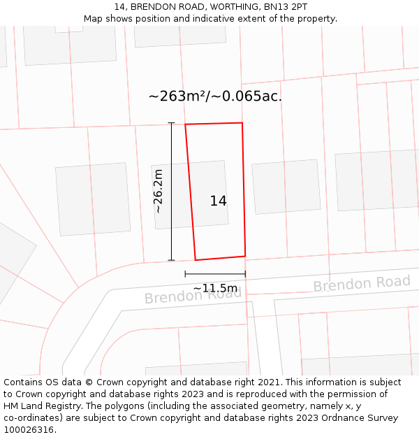 14, BRENDON ROAD, WORTHING, BN13 2PT: Plot and title map