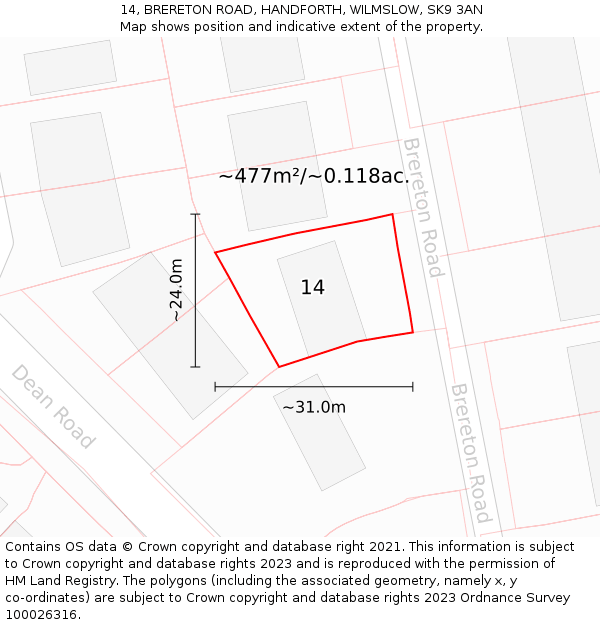 14, BRERETON ROAD, HANDFORTH, WILMSLOW, SK9 3AN: Plot and title map