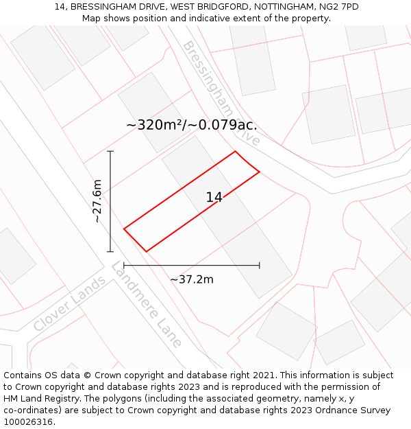 14, BRESSINGHAM DRIVE, WEST BRIDGFORD, NOTTINGHAM, NG2 7PD: Plot and title map