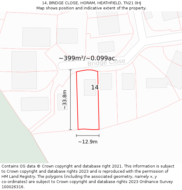 14, BRIDGE CLOSE, HORAM, HEATHFIELD, TN21 0HJ: Plot and title map