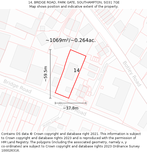 14, BRIDGE ROAD, PARK GATE, SOUTHAMPTON, SO31 7GE: Plot and title map