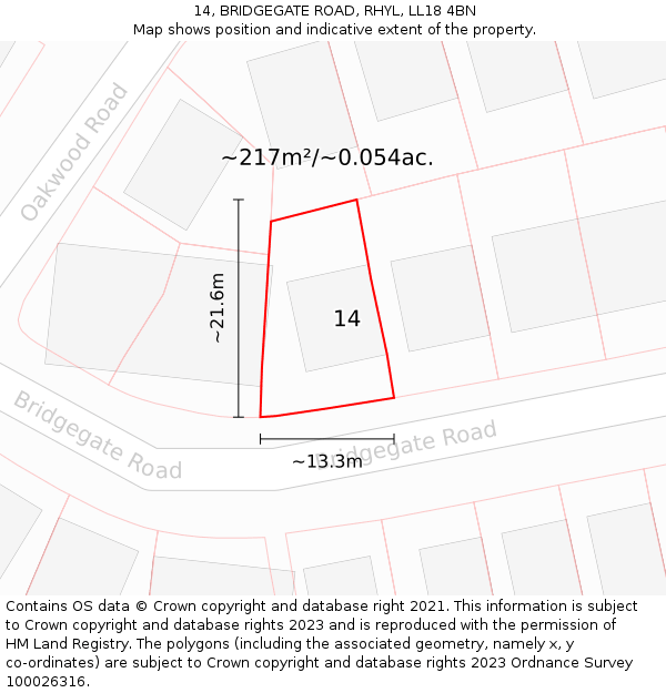 14, BRIDGEGATE ROAD, RHYL, LL18 4BN: Plot and title map