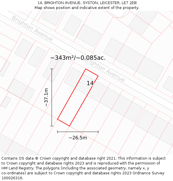 14, BRIGHTON AVENUE, SYSTON, LEICESTER, LE7 2EB: Plot and title map