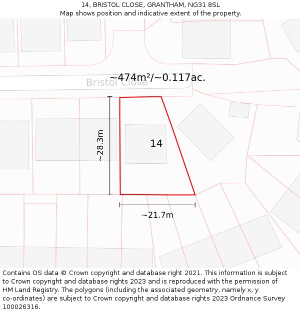 14, BRISTOL CLOSE, GRANTHAM, NG31 8SL: Plot and title map