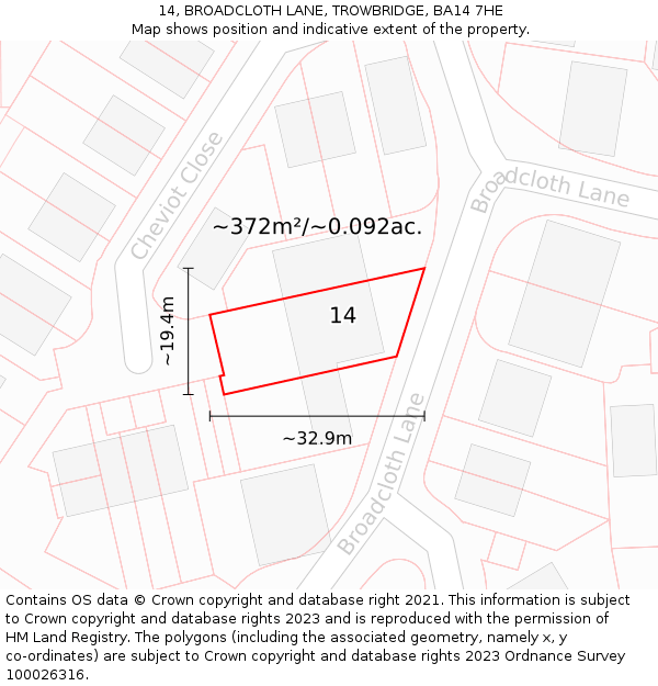 14, BROADCLOTH LANE, TROWBRIDGE, BA14 7HE: Plot and title map