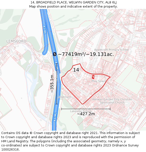 14, BROADFIELD PLACE, WELWYN GARDEN CITY, AL8 6LJ: Plot and title map