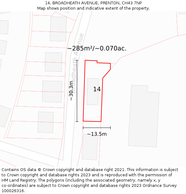 14, BROADHEATH AVENUE, PRENTON, CH43 7NP: Plot and title map