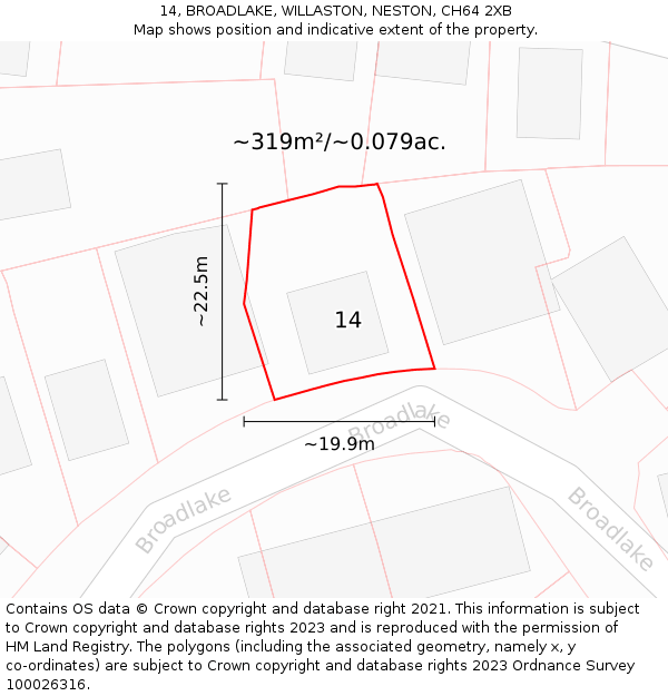 14, BROADLAKE, WILLASTON, NESTON, CH64 2XB: Plot and title map