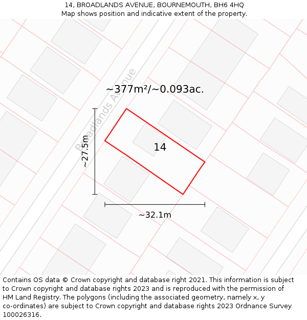 14, BROADLANDS AVENUE, BOURNEMOUTH, BH6 4HQ: Plot and title map