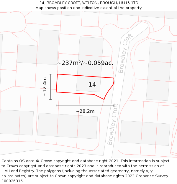 14, BROADLEY CROFT, WELTON, BROUGH, HU15 1TD: Plot and title map
