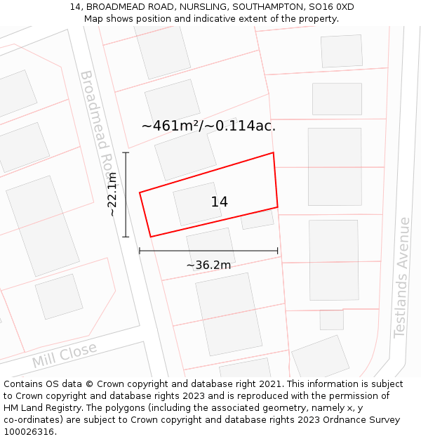 14, BROADMEAD ROAD, NURSLING, SOUTHAMPTON, SO16 0XD: Plot and title map