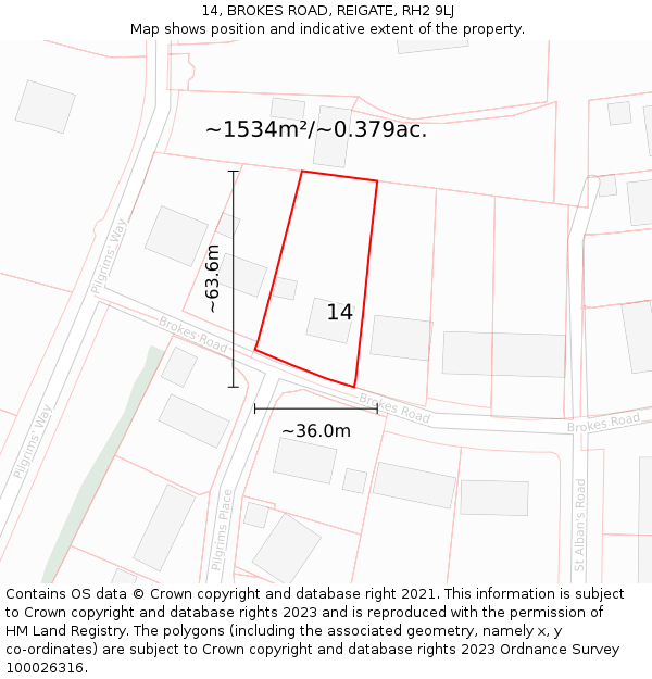 14, BROKES ROAD, REIGATE, RH2 9LJ: Plot and title map