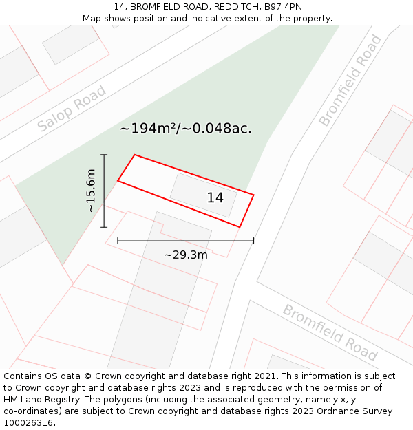 14, BROMFIELD ROAD, REDDITCH, B97 4PN: Plot and title map