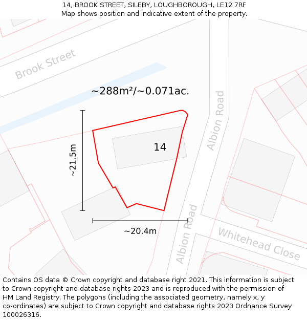 14, BROOK STREET, SILEBY, LOUGHBOROUGH, LE12 7RF: Plot and title map
