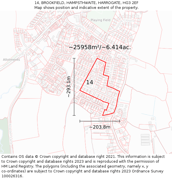 14, BROOKFIELD, HAMPSTHWAITE, HARROGATE, HG3 2EF: Plot and title map