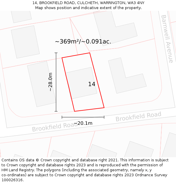 14, BROOKFIELD ROAD, CULCHETH, WARRINGTON, WA3 4NY: Plot and title map