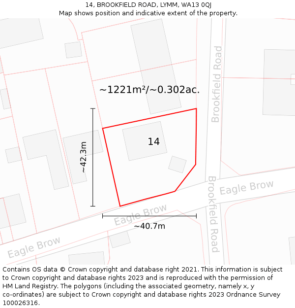 14, BROOKFIELD ROAD, LYMM, WA13 0QJ: Plot and title map