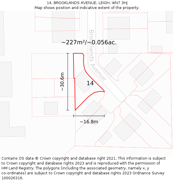 14, BROOKLANDS AVENUE, LEIGH, WN7 3HJ: Plot and title map