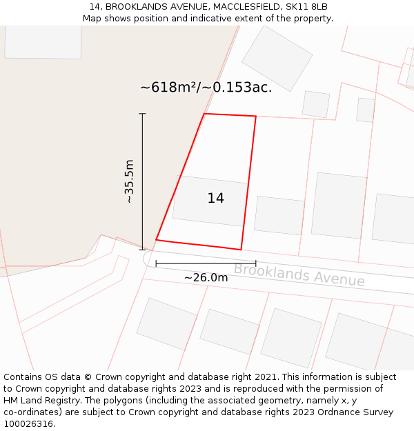 14, BROOKLANDS AVENUE, MACCLESFIELD, SK11 8LB: Plot and title map