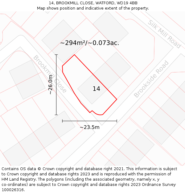 14, BROOKMILL CLOSE, WATFORD, WD19 4BB: Plot and title map