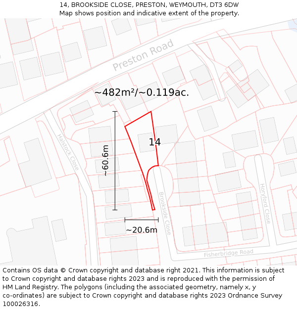14, BROOKSIDE CLOSE, PRESTON, WEYMOUTH, DT3 6DW: Plot and title map