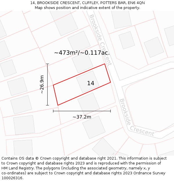 14, BROOKSIDE CRESCENT, CUFFLEY, POTTERS BAR, EN6 4QN: Plot and title map