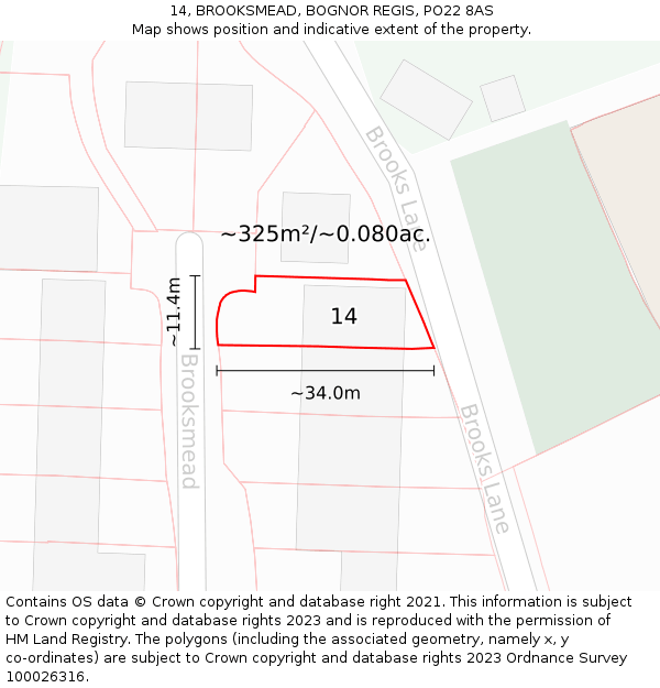 14, BROOKSMEAD, BOGNOR REGIS, PO22 8AS: Plot and title map