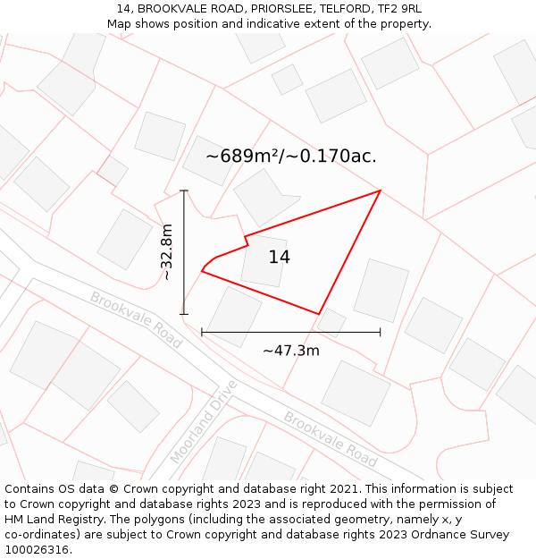 14, BROOKVALE ROAD, PRIORSLEE, TELFORD, TF2 9RL: Plot and title map