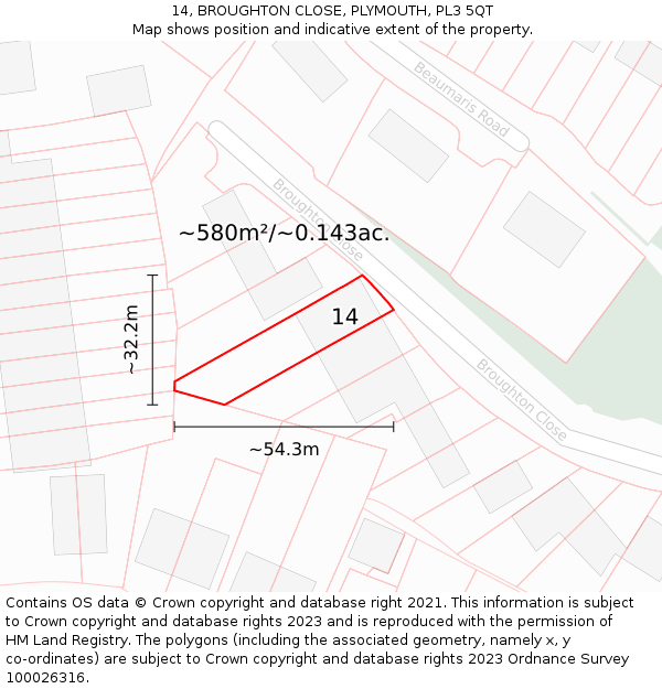 14, BROUGHTON CLOSE, PLYMOUTH, PL3 5QT: Plot and title map