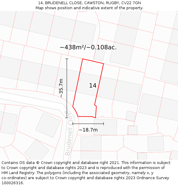 14, BRUDENELL CLOSE, CAWSTON, RUGBY, CV22 7GN: Plot and title map