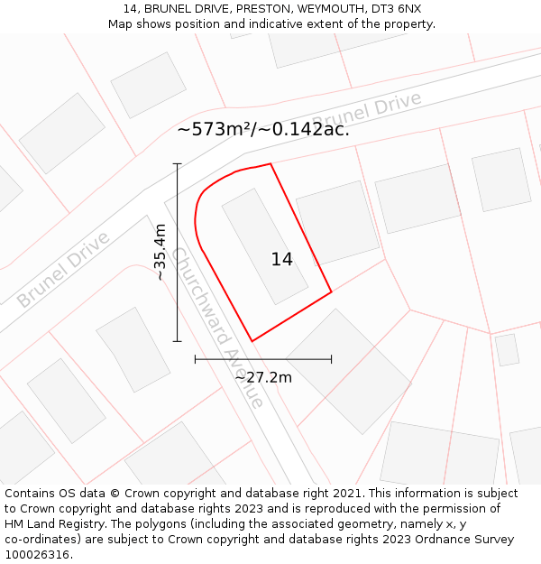 14, BRUNEL DRIVE, PRESTON, WEYMOUTH, DT3 6NX: Plot and title map