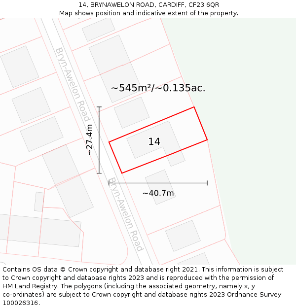 14, BRYNAWELON ROAD, CARDIFF, CF23 6QR: Plot and title map