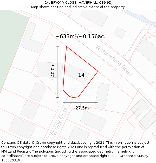 14, BRYONY CLOSE, HAVERHILL, CB9 9DJ: Plot and title map