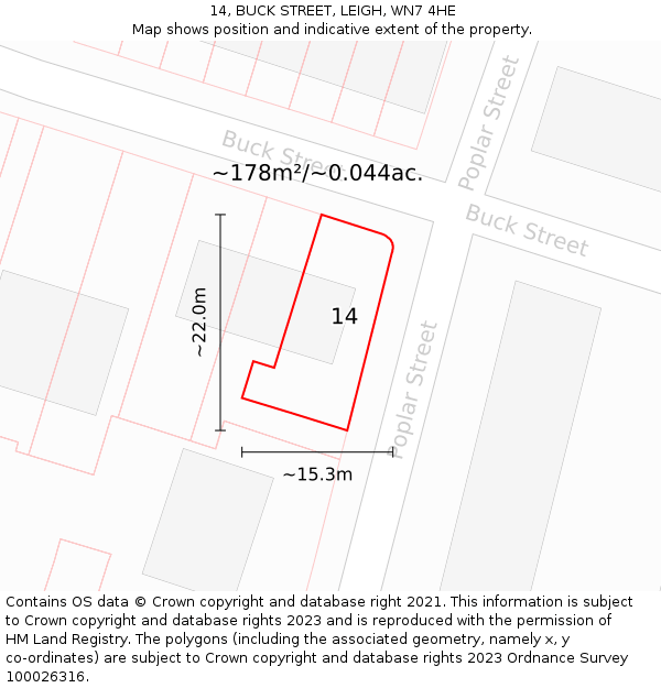 14, BUCK STREET, LEIGH, WN7 4HE: Plot and title map