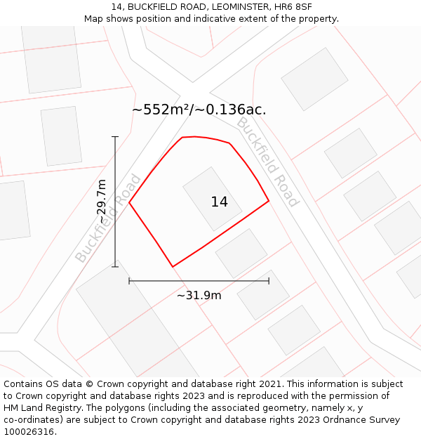 14, BUCKFIELD ROAD, LEOMINSTER, HR6 8SF: Plot and title map