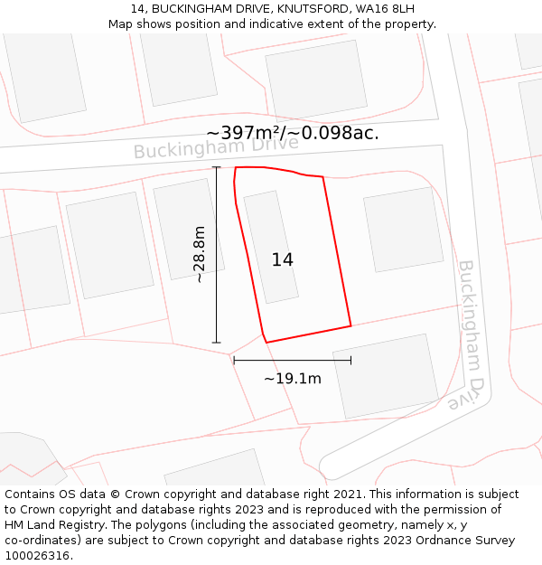 14, BUCKINGHAM DRIVE, KNUTSFORD, WA16 8LH: Plot and title map