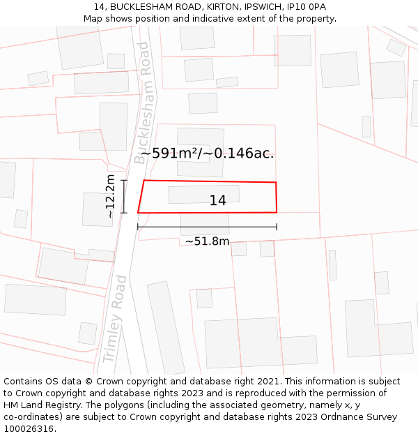 14, BUCKLESHAM ROAD, KIRTON, IPSWICH, IP10 0PA: Plot and title map