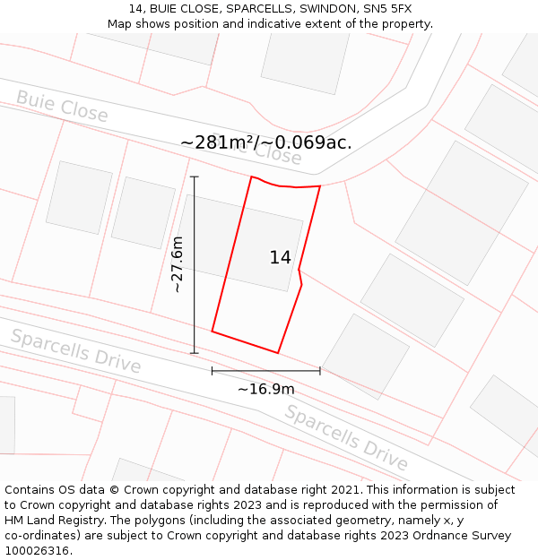 14, BUIE CLOSE, SPARCELLS, SWINDON, SN5 5FX: Plot and title map