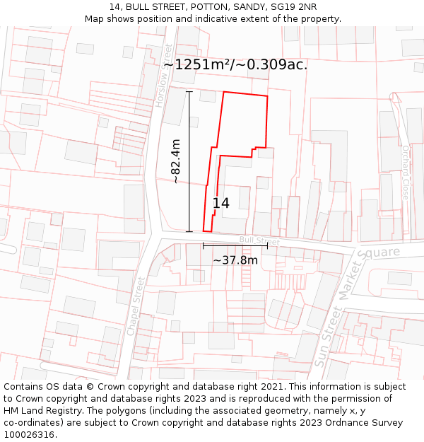 14, BULL STREET, POTTON, SANDY, SG19 2NR: Plot and title map