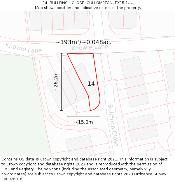 14, BULLFINCH CLOSE, CULLOMPTON, EX15 1UU: Plot and title map