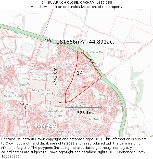 14, BULLFINCH CLOSE, OAKHAM, LE15 6BS: Plot and title map