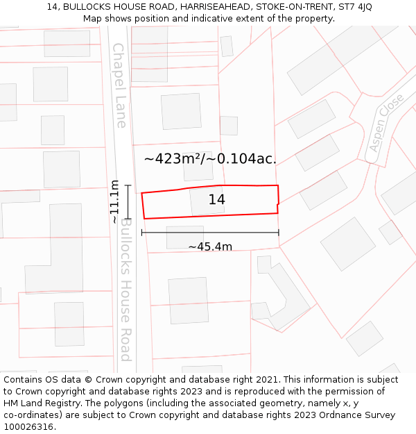 14, BULLOCKS HOUSE ROAD, HARRISEAHEAD, STOKE-ON-TRENT, ST7 4JQ: Plot and title map