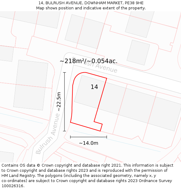 14, BULRUSH AVENUE, DOWNHAM MARKET, PE38 9HE: Plot and title map