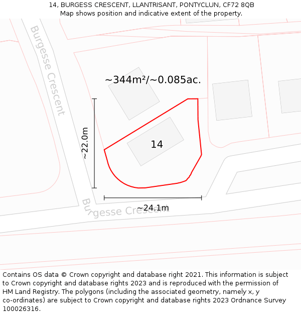 14, BURGESS CRESCENT, LLANTRISANT, PONTYCLUN, CF72 8QB: Plot and title map