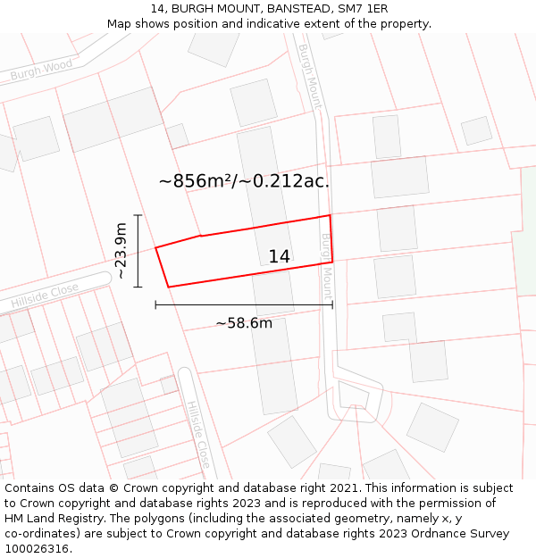 14, BURGH MOUNT, BANSTEAD, SM7 1ER: Plot and title map