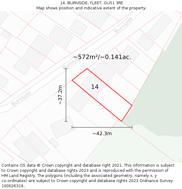 14, BURNSIDE, FLEET, GU51 3RE: Plot and title map