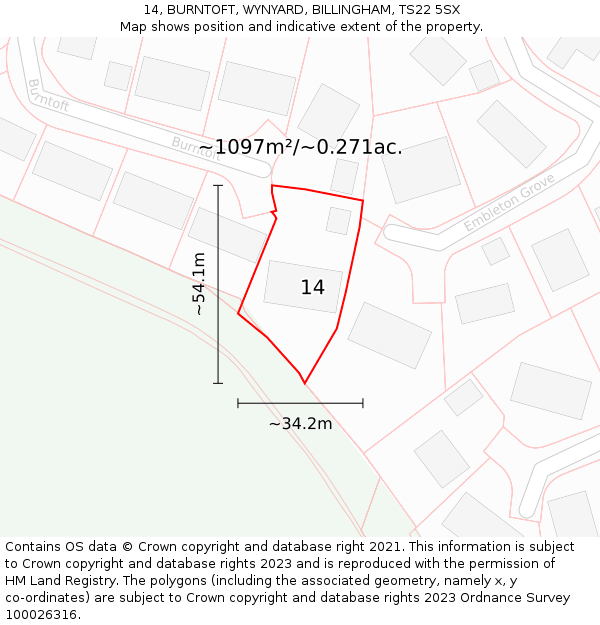 14, BURNTOFT, WYNYARD, BILLINGHAM, TS22 5SX: Plot and title map